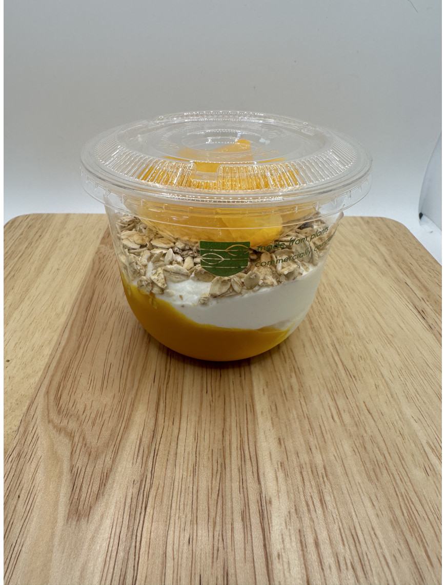 Overnight Oats Yoghurt Mango and Peach Compote